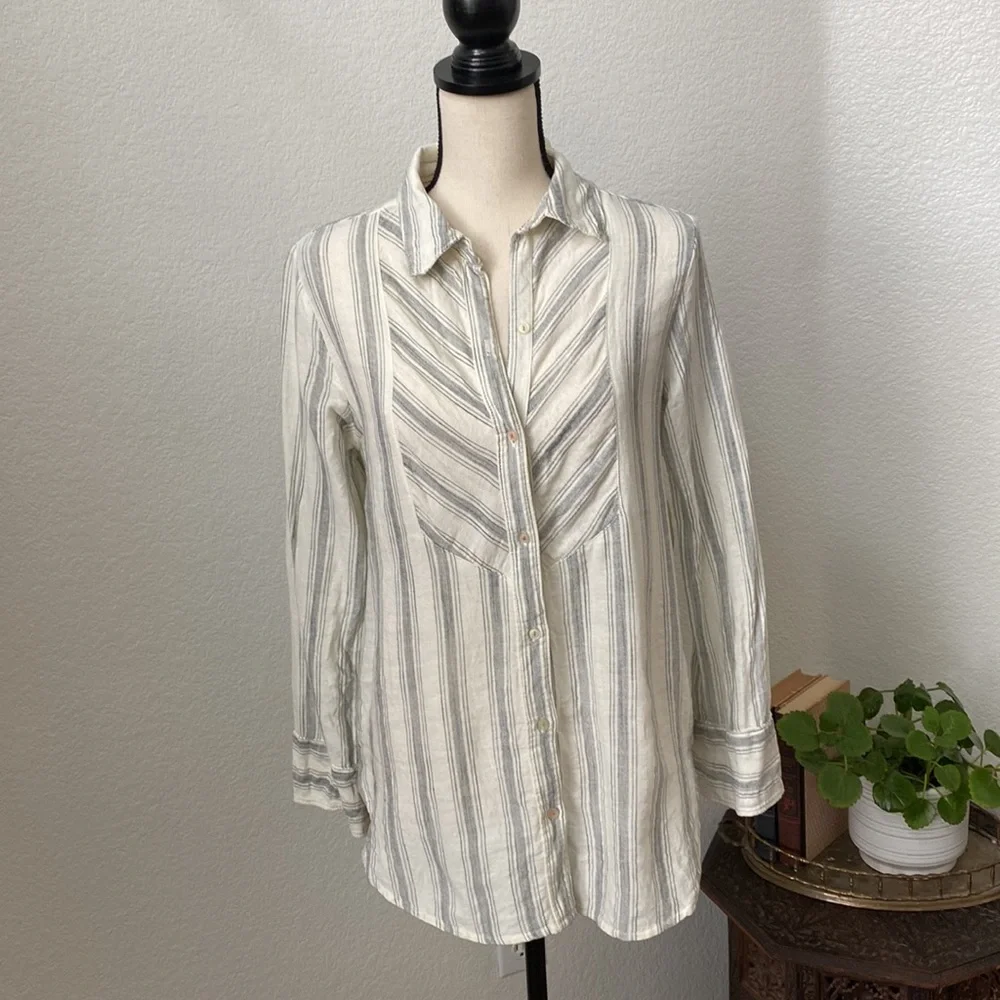 Anthropologie Lilka Winddrift Button Up Gray Striped Relaxed Roll Tab Shirt - Picture 7 of 7